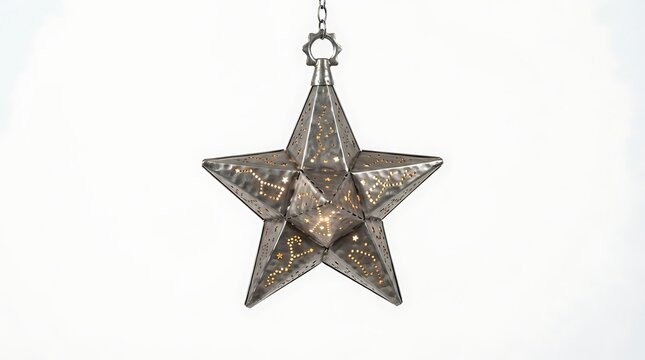 A beautiful metal star hanging from a chain on a white background