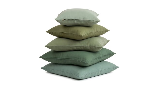 A stack of green and beige pillows on a white background