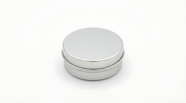 A small, round, silver metal container with a lid on a white background