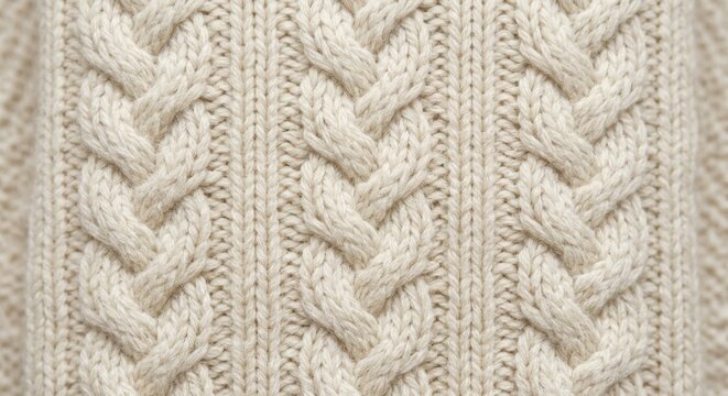 Close up texture of cream beige cable knit wool fabric featuring a traditional braided pattern, ideal for cozy winter fashion concepts, warm seasonal textile backgrounds, and home decor