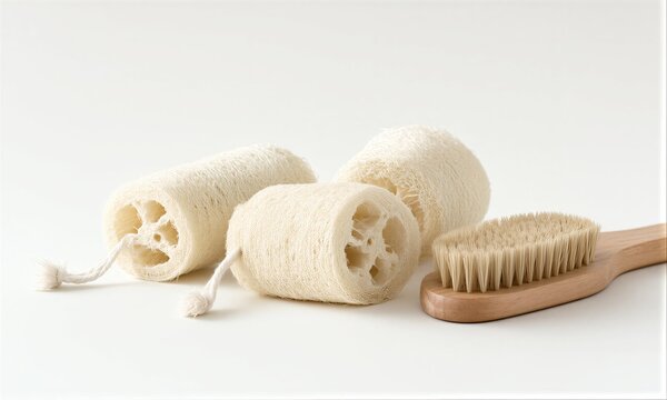 Natural loofahs and wooden brush for gentle, eco-friendly bathing rituals.