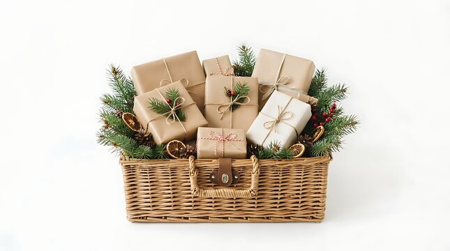 A wicker basket filled with wrapped gifts and evergreen branches on a white background