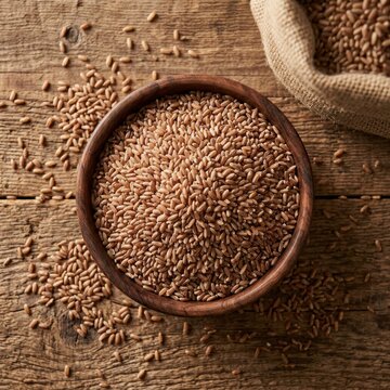 Top down view of premium organic raw brown rice or whole grain wheat seeds in a dark wooden bowl and burlap sack on a rustic wooden table background, healthy vegan fiber-rich food ingredient.