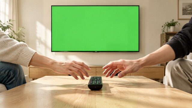 Green Screen TV and Remote Control: Two people reach for a remote control on a coffee table in front of a large green screen television, ready to change the channel or start a movie.