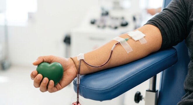 Close-up of a donor's arm on a medical chair during a blood donation procedure, holding a green heart-shaped stress ball with a needle and tube attached for transfusion in a clinic hospital setting.