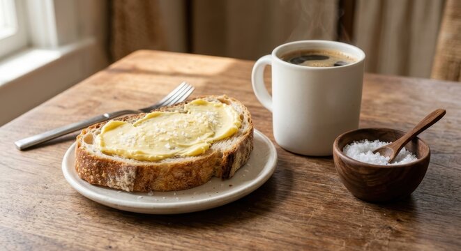 Delicious sourdough toast spread with creamy butter and sea salt flakes served with a steaming cup of fresh black coffee on a rustic wooden table, perfect breakfast or healthy morning snack concept.