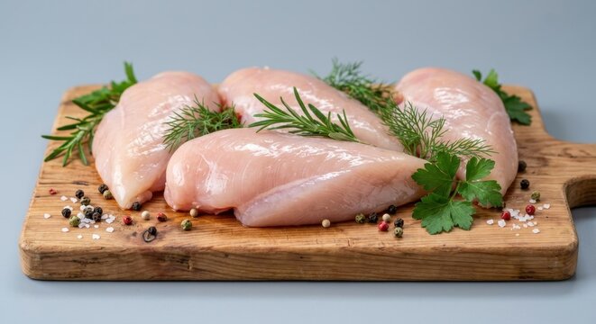 Fresh Raw Chicken Breast Fillets with Fresh Rosemary, Dill, Parsley, and Mixed Peppercorns on a Rustic Wooden Cutting Board, Healthy Protein Ingredient for Cooking Isolated on Gray Background
