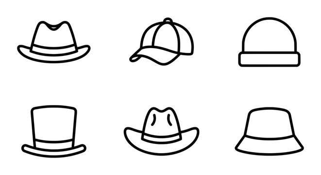 Hats silhouettes set with fedora, baseball cap, beanie, top hat, cowboy hat, and bucket hat for logo and print