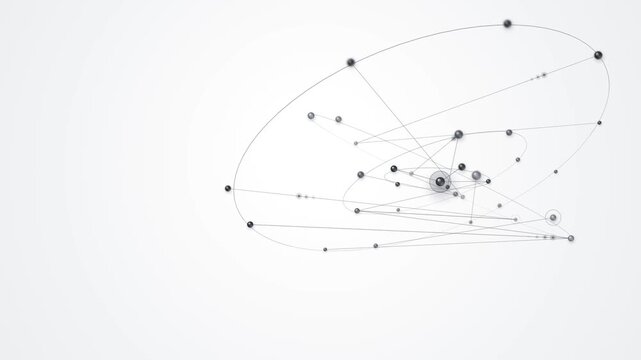 Abstract network of connected nodes and lines evolving in a dynamic spiral motion across three frames representing a video clip