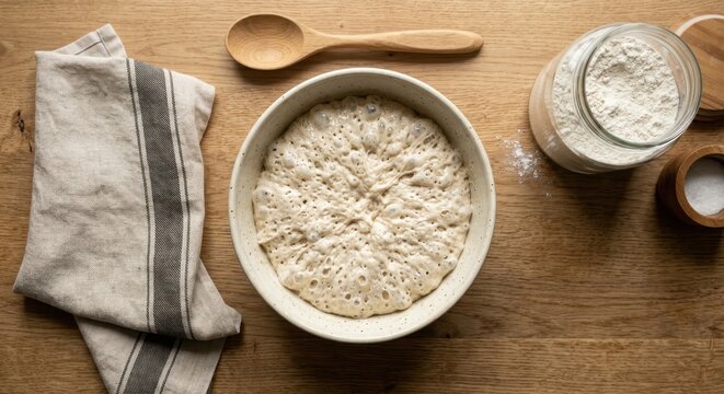 High angle shot of active bubbly sourdough starter in a ceramic bowl surrounded by baking ingredients like wheat flour and sea salt on a rustic wooden table background for bakery concepts.