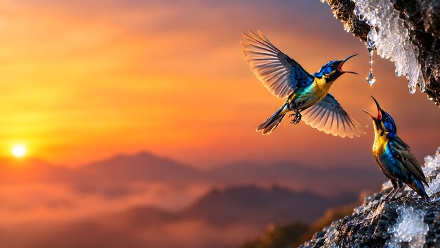  Javan Melidectes Princeps Sunbirds Interaction Texture, Pair of Iridescent Metallic Birds Drinking Glacier Meltwater Droplet on Frozen Rock, Blurred Mountain Silhouette Sunrise
