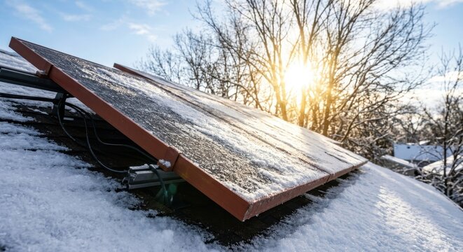 Modern solar panels installed on a residential house roof covered with winter snow during a bright sunny day, showcasing renewable energy efficiency and green technology in cold climates.