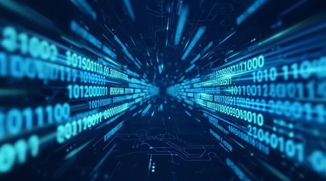 Digital data stream flowing through blue cyberspace tunnel