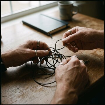 Hands untangling knotted headphone cable on desk