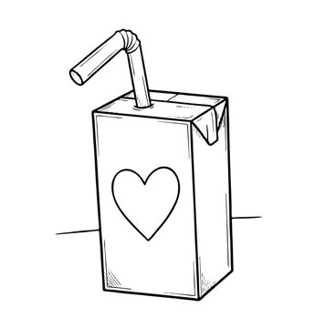 Minimalist juice box line art illustration with straw and heart icon, black and white vector outline isolated on white background