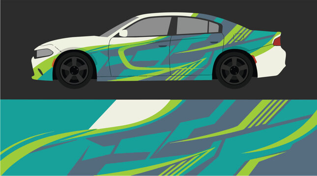 Car Wrap Design with Dynamic Racing with Abstract Wave Decal in Teal and Lime Green