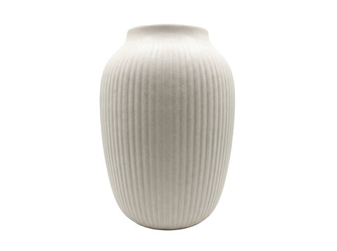 Elegant white ceramic vase with a ribbed texture stands against a clean white background.