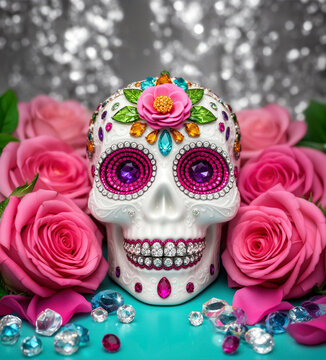 calavera mexicana, d&iacute;a de muertos, calavera de az&uacute;car, catrina, arte mexicano, cr&aacute;neo decorativo, calavera blanca, joyer&iacute;a ornamental, piedras preciosas, cristales brillantes, gemas multicolores, deco