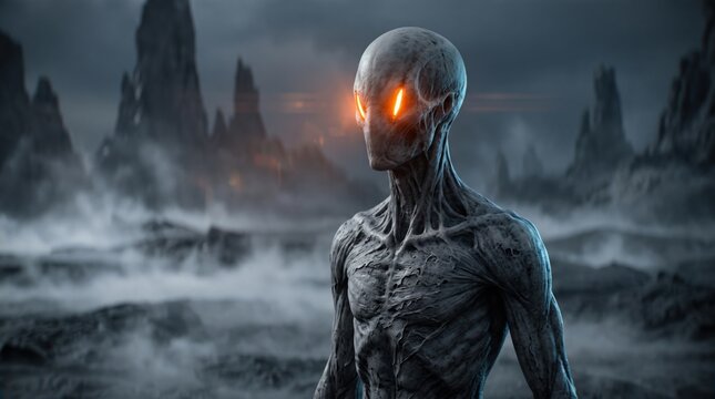 Extraterrestrial humanoid creature with glowing eyes on misty planet