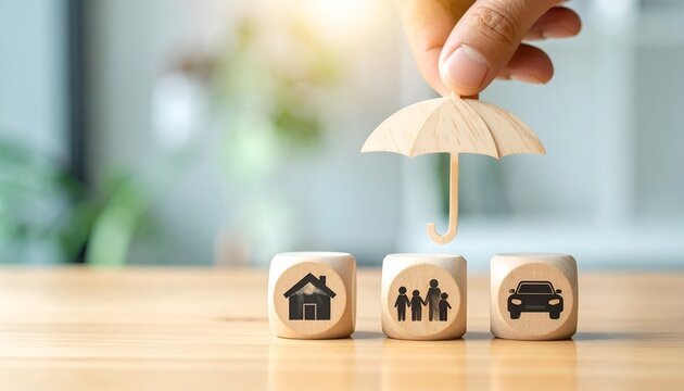 Hand holding a miniature wooden umbrella above home, family, and car symbols, representing insurance protection, financial security, and coverage for everyday assets.