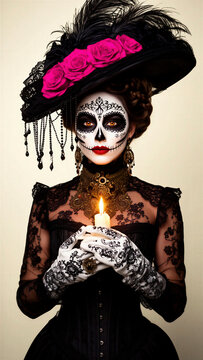 Catrina elegante, Catrina victoriana, dama de la muerte, D&iacute;a de Muertos, calavera mexicana, maquillaje de catrina, maquillaje art&iacute;stico, rostro de calavera blanca, cuencas negras, ojos &aacute;mbar, labios r