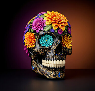 calavera mexicana, calavera de D&iacute;a de Muertos, cr&aacute;neo decorativo, arte mexicano, artesan&iacute;a mexicana, calavera negra, acabado negro brillante, filigrana dorada, grabados ornamentales, detalles en oro, 