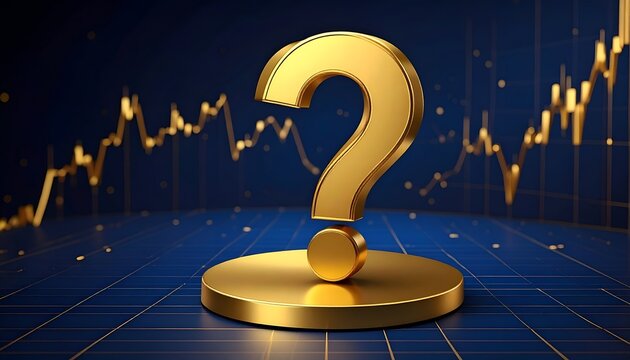 Three-dimensional gold question mark on a circular pedestal against a blue market chart, symbolizing financial questions and investment uncertainty.