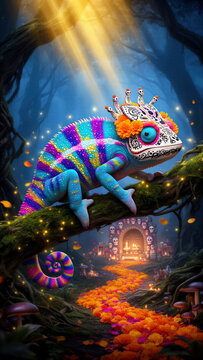 camale&oacute;n, reptil ex&oacute;tico, camale&oacute;n colorido, fauna fant&aacute;stica, D&iacute;a de Muertos, calaveras mexicanas, cultura mexicana, tradici&oacute;n mexicana, arte folcl&oacute;rico, arte popular mexicano, cementerio mexicano, p