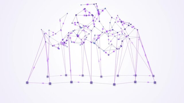 Abstract network structure with nodes and connections evolving over three frames representing a dynamic process or data flow