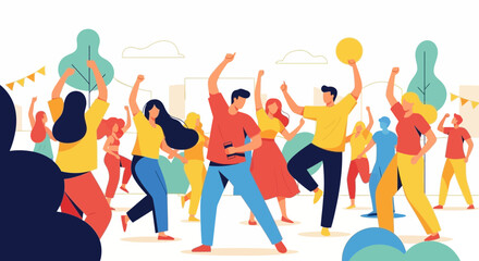 Obraz premium Happy diverse people dancing and celebrating at an outdoor summer music festival vector illustration