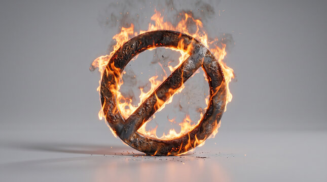 A metallic prohibition sign engulfed in intense flames, symbolizing a ban or restriction on a neutral background