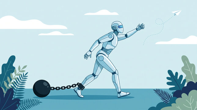 Robot chained to a heavy iron ball reaching for a paper airplane representing freedom and limitation