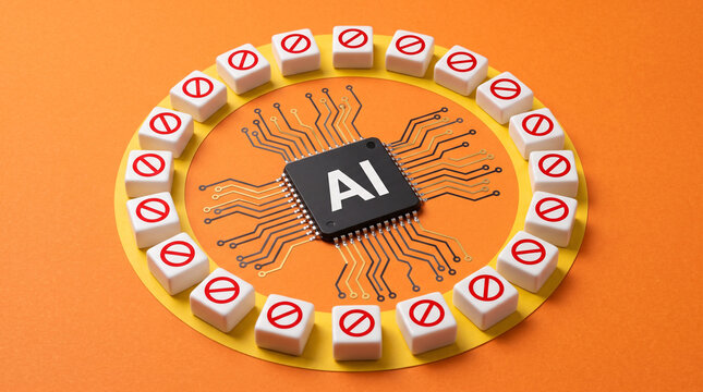 Artificial intelligence chip surrounded by prohibition signs on orange background