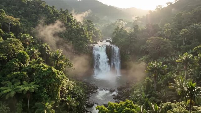 Tropical waterfall cascade flowing through lush rainforest foliage at sunrise