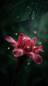 Red lotus flower with water droplets and fireflies in a dark setting