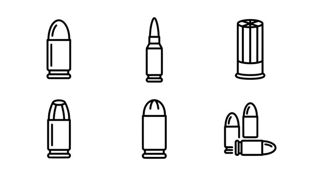 Bullet silhouettes set with cartridges and shotgun shell for weapon or ammunition concepts