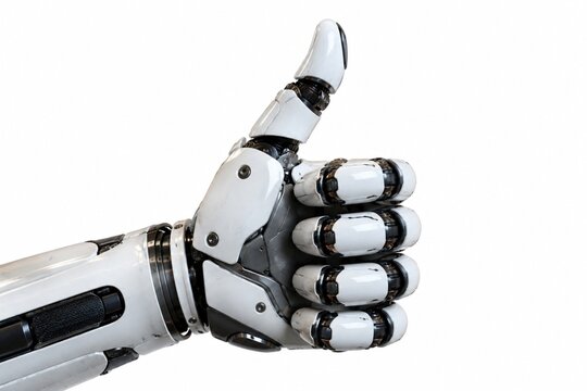 mano robotica gesticulando el gesto de me gusta en fondo blanco