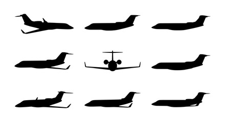 Private jet silhouettes set with different views and angles for travel and transport themes © MR