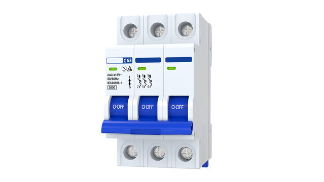 Three Pole Miniature Circuit Breaker with Blue Switches Isolated on Transparent Background