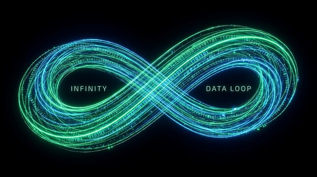 Glowing abstract infinity symbol with digital data lines and text "INFINITY DATA LOOP" on black background