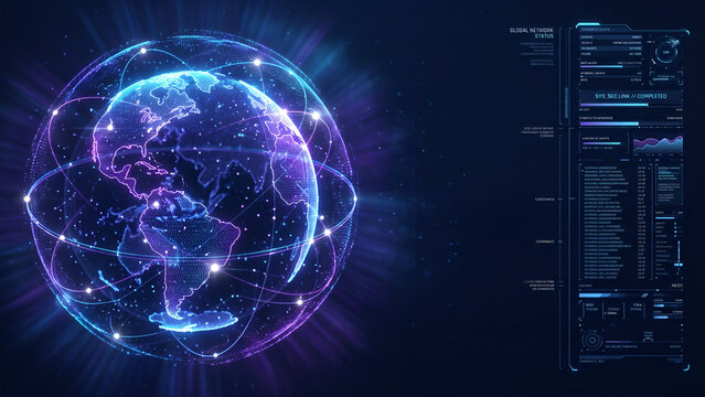Glowing digital globe with interconnected network lines, data points, and a sidebar interface showing global system information and statistics