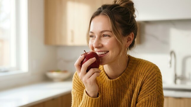 A happy woman enjoying a healthy snack of fresh red fruit in a contemporary kitchen setting.
