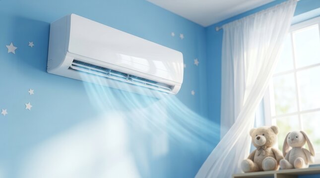 A white split air conditioner unit cooling a cozy blue nursery with stuffed toys.