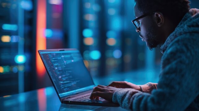 Man working on laptop with code