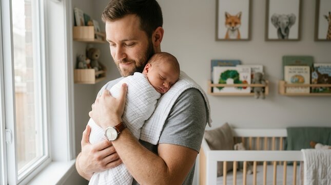 Man holding a wrapped infant on his shoulder after feeding in a modern nursery.