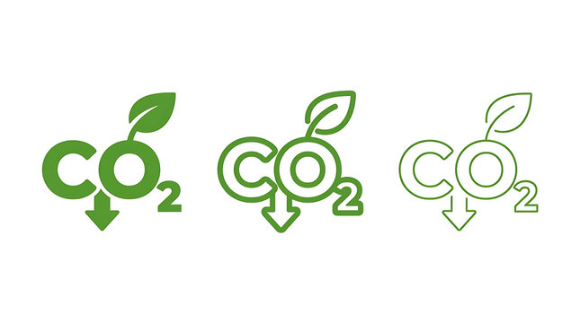 Green co2 emission reduction icons with leaf symbol isolated on