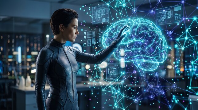 Visionary scientist manipulating advanced holographic brain interface in futuristic research laboratory