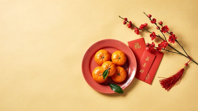 Lunar new year celebration setup with fresh mandarin oranges on a red plate and red envelopes decorated with gold chinese characters