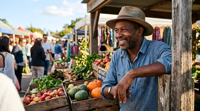 Happy male farmer in hat leaning against wooden post at outdoor autumn produce market