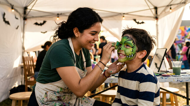 Woman applying green monster face paint on smiling young boy at outdoor autumn fair